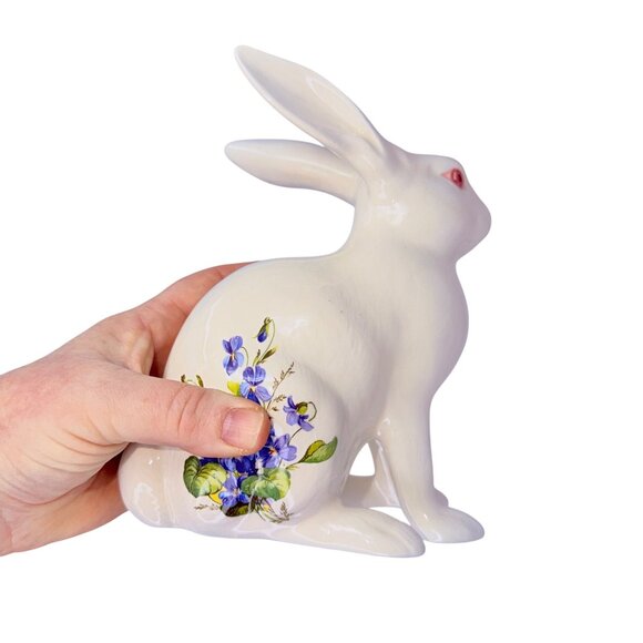 1980s Hand Painted White Rabbit Figurine Purple Violets Flowers Signed Ceramic - Picture 9 of 10
